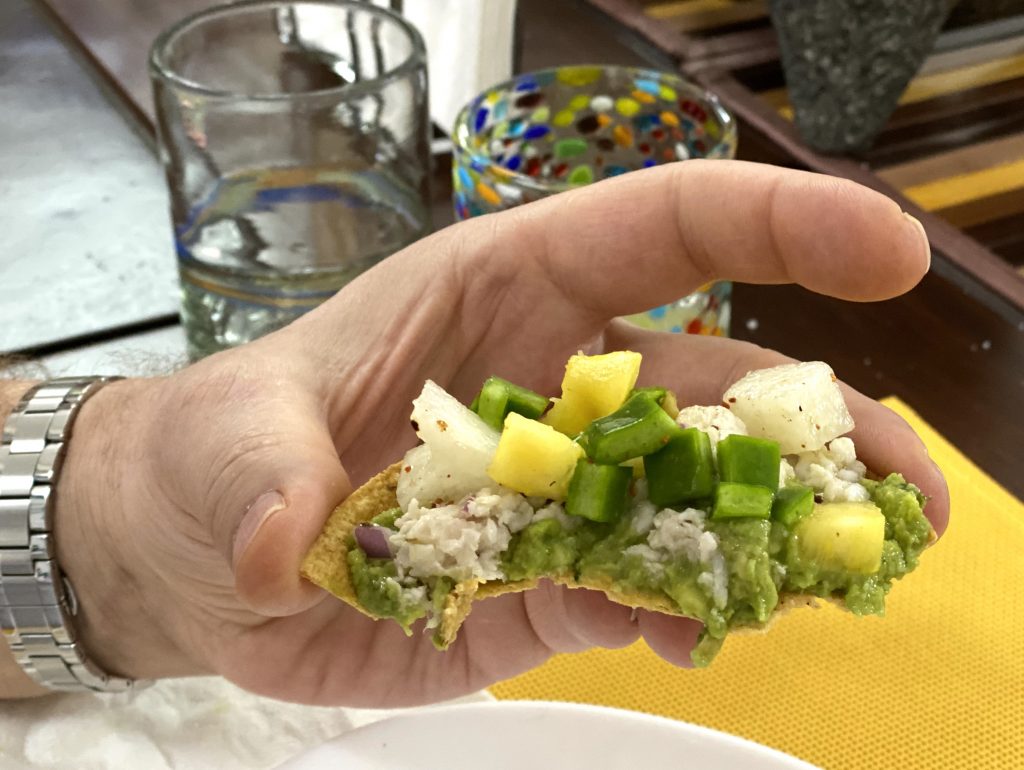 Ceviche with salsa on a tostada