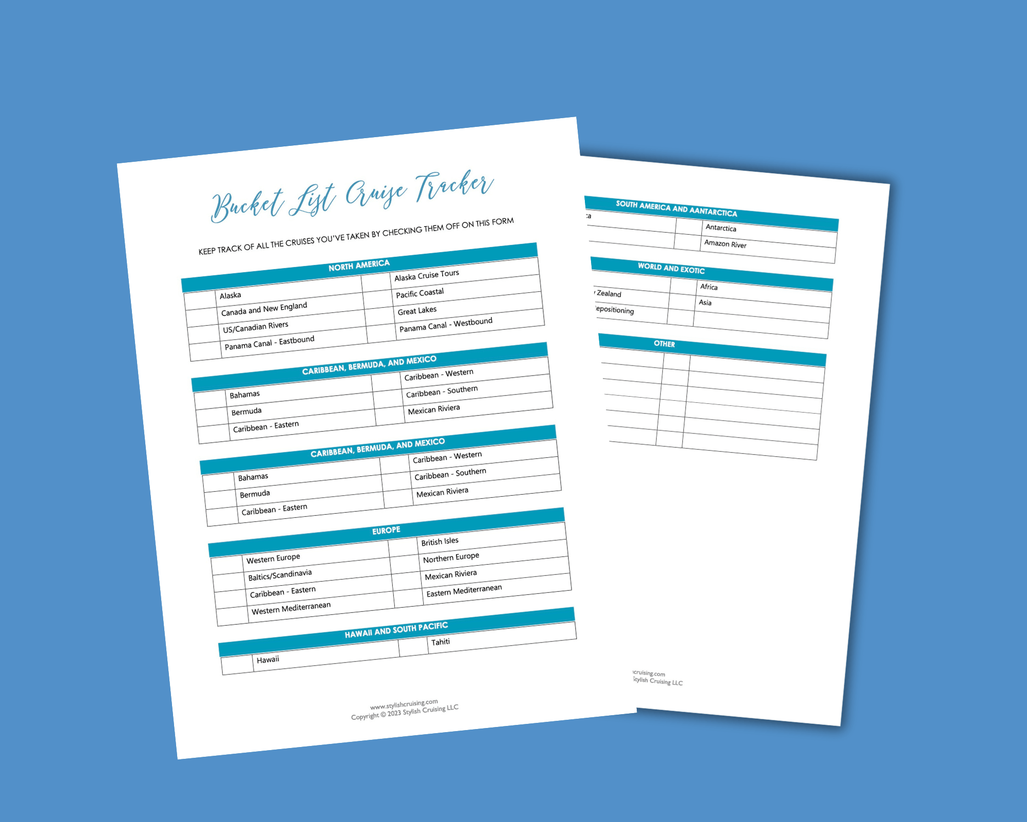 Bucket List Cruise Tracker pages
