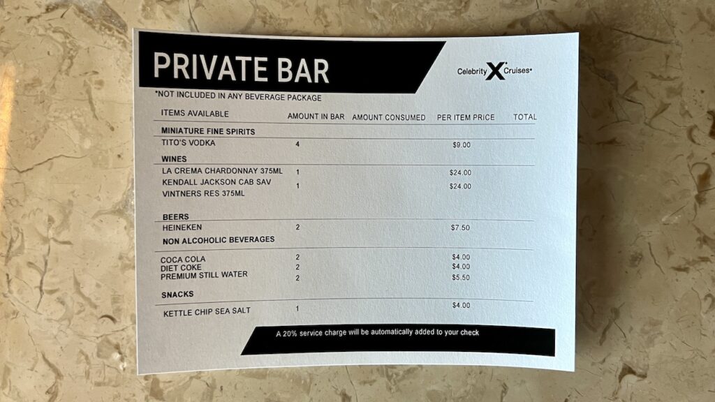 Solstice sky suite private bar menu