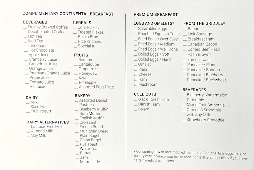 Retreat room service breakfast menu