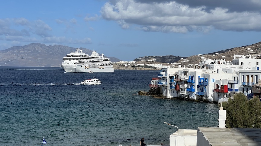Mykonos town view with ship