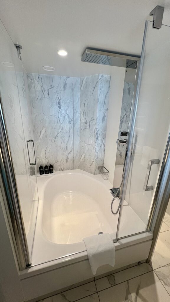 Luxurious tub/shower combination of the Sky Suite with marble walls, a rainfall showerhead, a shower wand, and large bottles of complimentary toiletries.