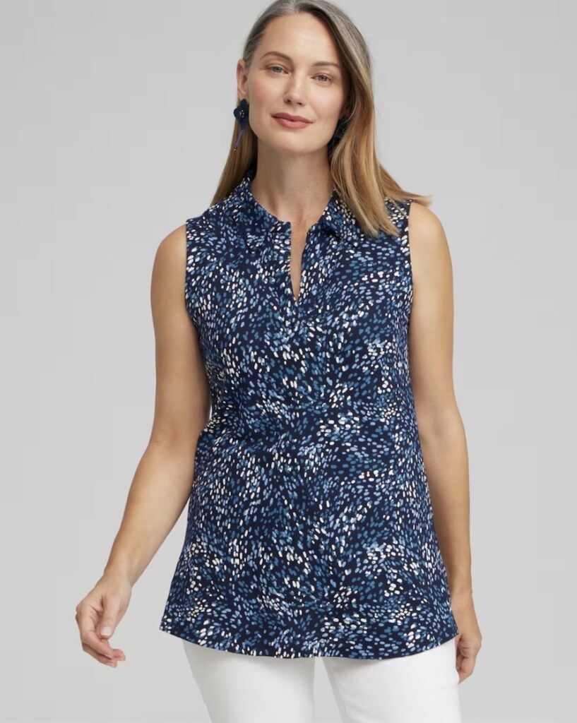 Chicos dot print collared tunic tank navy