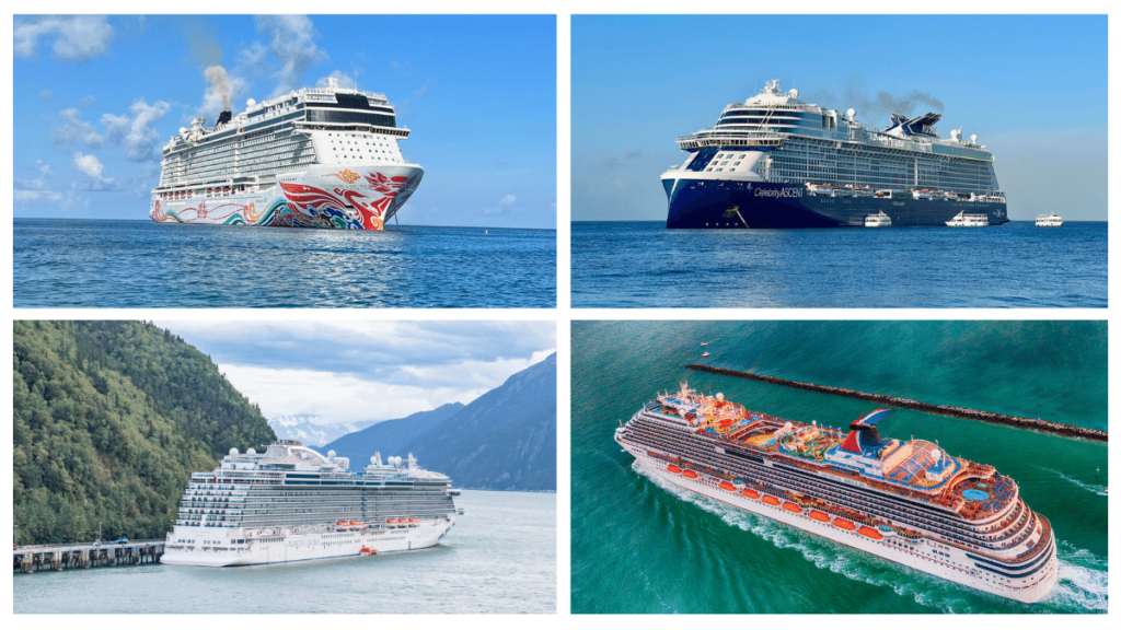Selecting the best cruise line for you:
Photo in four parts with a ship from each of the following cruise lines: Carnival, Celebrity, Norwegian, and Royal Caribbean