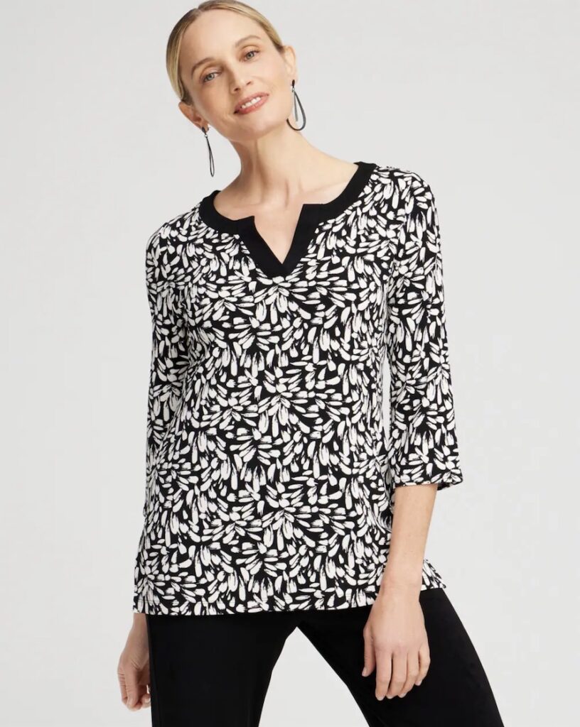 Chicos Travelers print split neck top