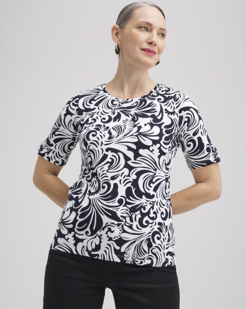 Chicos scrolls elbow sleeve cotton tee black