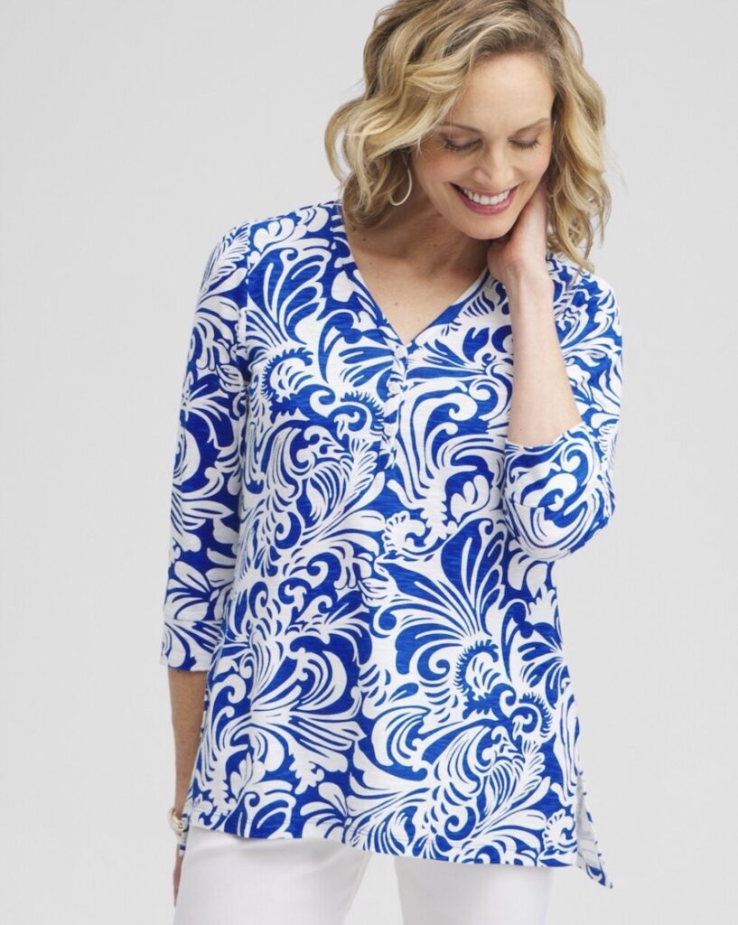 Chicos scrolls henley side slit tunic intense azure